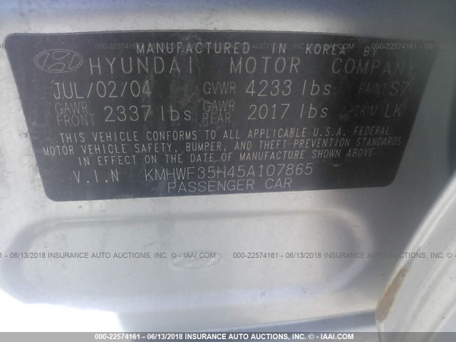 KMHWF35H45A107865 - 2005 HYUNDAI SONATA GLS/LX SILVER photo 9