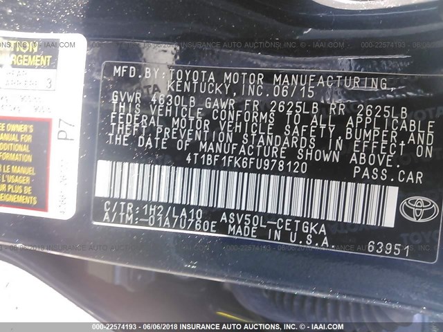 4T1BF1FK6FU978120 - 2015 TOYOTA CAMRY LE/XLE/SE/XSE 灰色 照片 9