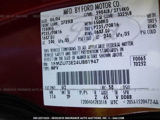 1FMZU73E24UB81947 - 2004 FORD EXPLORER XLT/XLT SPORT/NBX 红色 照片 9