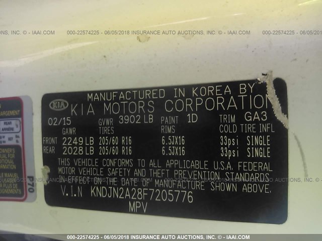 KNDJN2A28F7205776 - 2015 KIA SOUL WHITE photo 9