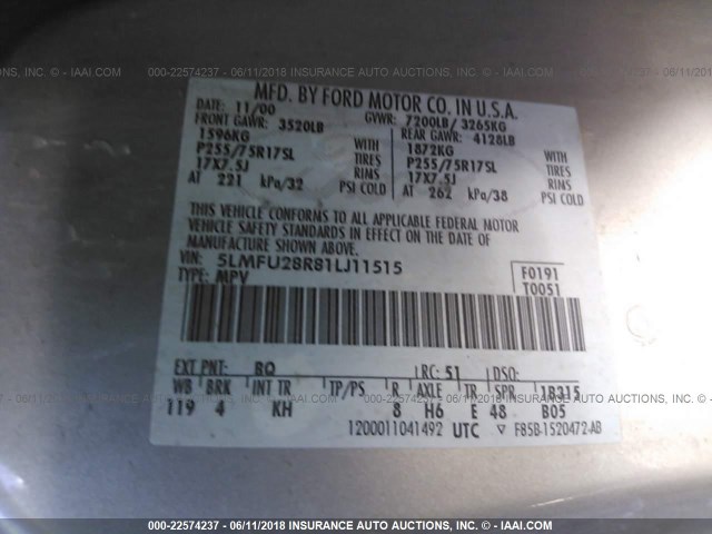 5LMFU28R81LJ11515 - 2001 LINCOLN NAVIGATOR TAN photo 9