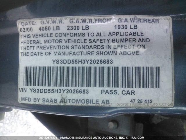 YS3DD55H3Y2026683 - 2000 SAAB 9-3 Light Blue photo 9