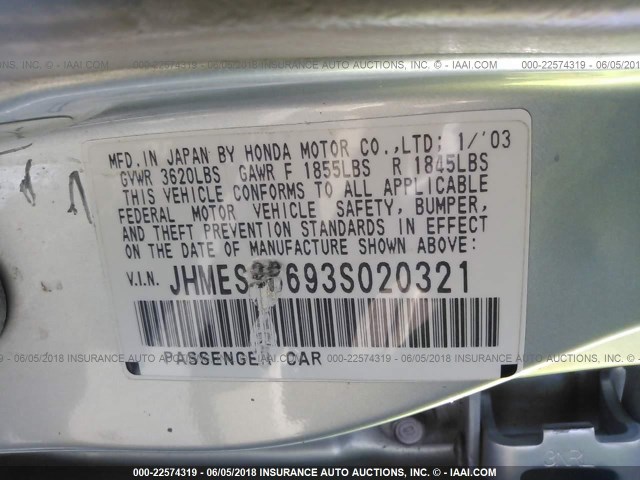 JHMES96693S020321 - 2003 HONDA CIVIC HYBRID BLUE photo 9