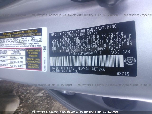 4T1BK3EK3AU602217 - 2010 TOYOTA CAMRY SE/LE/XLE 银色 照片 9