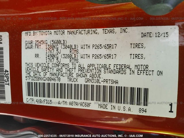 5TFDZ5BNXGX004670 - 2016 TOYOTA TACOMA DBL CAB/SR5/TRD SPORT/OR ORANGE photo 9