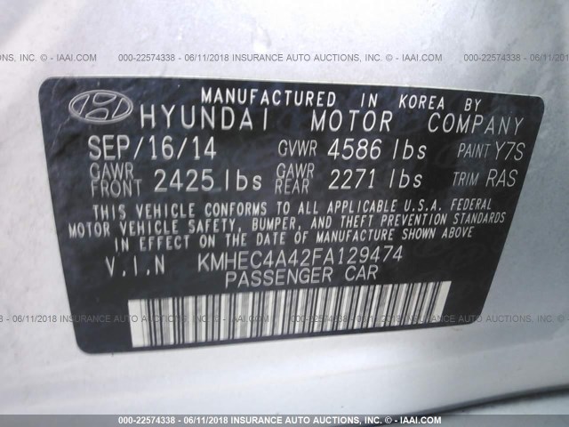 KMHEC4A42FA129474 - 2015 HYUNDAI SONATA HYBRID/LIMITED SILVER photo 9