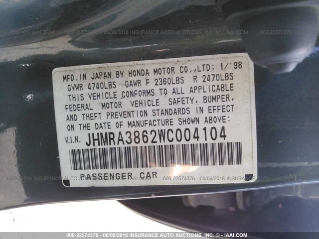 JHMRA3862WC004104 - 1998 HONDA ODYSSEY LX/EX GRAY photo 9