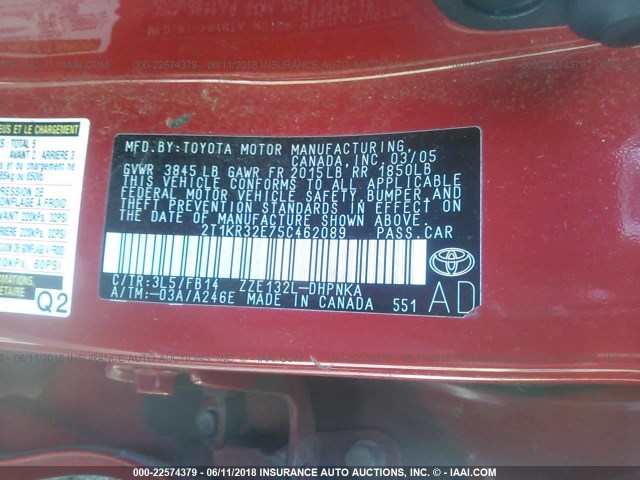 2T1KR32E75C462089 - 2005 TOYOTA COROLLA MATRIX XR RED photo 9