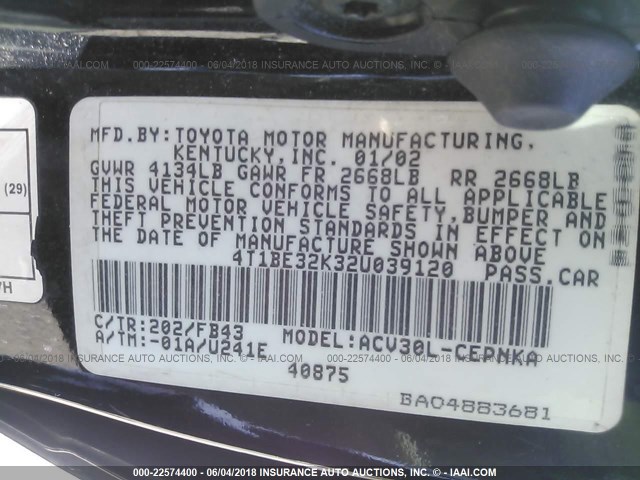 4T1BE32K32U039120 - 2002 TOYOTA CAMRY LE/XLE/SE Qara foto 9