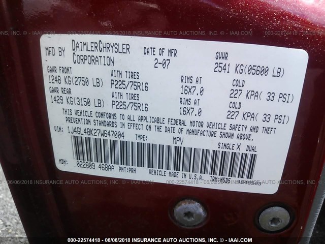 1J4GL48K27W647004 - 2007 JEEP LIBERTY SPORT RED photo 9