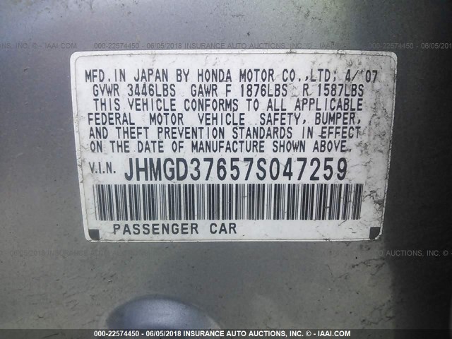 JHMGD37657S047259 - 2007 HONDA FIT S 银色 照片 9