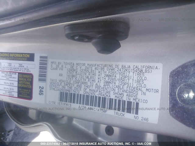 3TMLU42N28M017473 - 2008 TOYOTA TACOMA DOUBLE CAB ვერცხლისფერი ფოტო 9