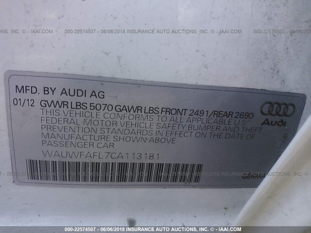 WAUWFAFL7CA113181 - 2012 AUDI A4 PREMIUM PLUS WHITE photo 9