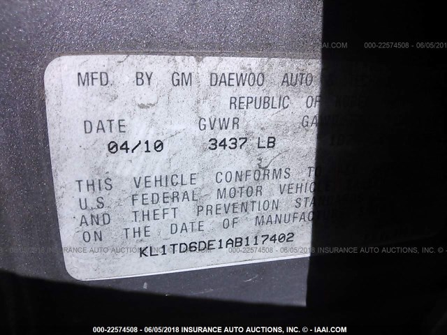 KL1TD6DE1AB117402 - 2010 CHEVROLET AVEO LS/LT 灰色 照片 9