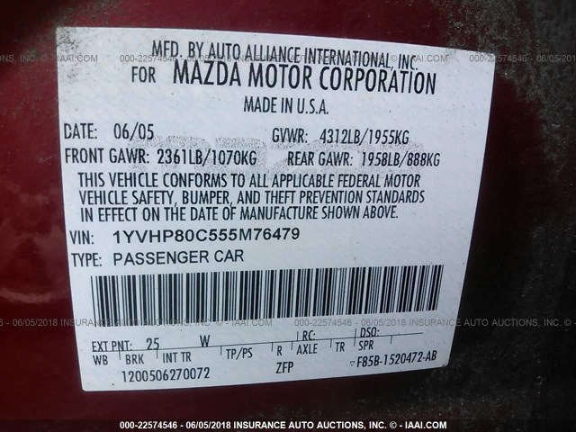 1YVHP80C555M76479 - 2005 MAZDA 6 I RED photo 9