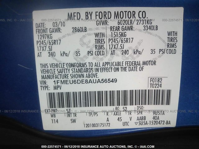 1FMEU6DE8AUA56549 - 2010 FORD EXPLORER XLT BLUE photo 9