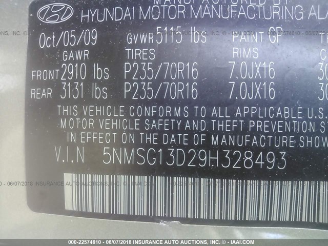 5NMSG13D29H328493 - 2009 HYUNDAI SANTA FE GLS GREEN photo 9