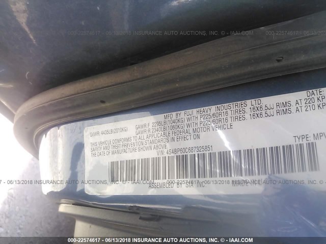 4S4BP60C687325851 - 2008 SUBARU OUTBACK BLUE photo 9