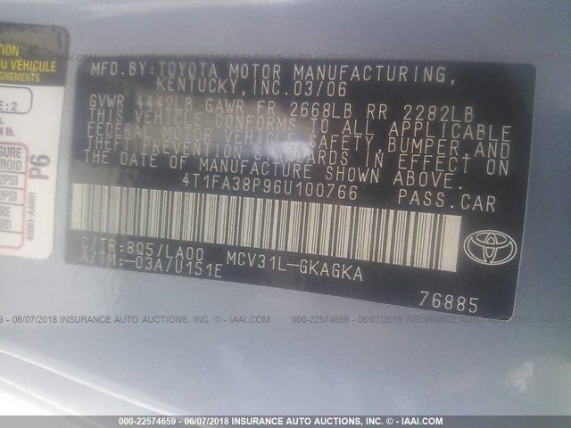 4T1FA38P96U100766 - 2006 TOYOTA CAMRY SOLARA SE/SLE ლურჯი ფოტო 9