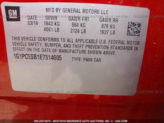 1G1PC5SB1E7314605 - 2014 CHEVROLET CRUZE LT RED photo 9