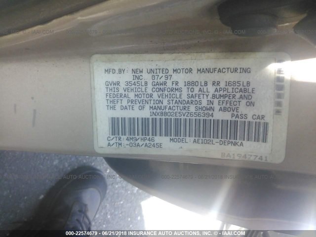 1NXBB02E5VZ656394 - 1997 TOYOTA COROLLA DX BEIGE photo 9