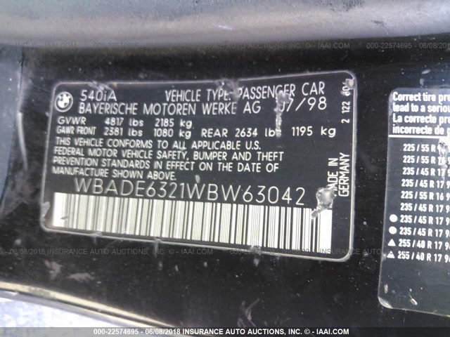 WBADE6321WBW63042 - 1998 BMW 540 I AUTOMATIC 黑色 照片 9