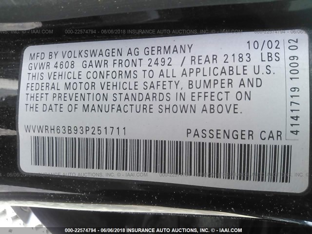 WVWRH63B93P251711 - 2003 VOLKSWAGEN PASSAT GLX BLACK photo 9
