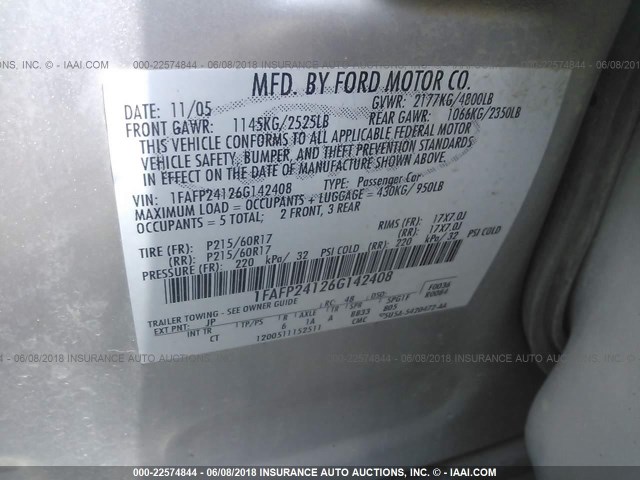 1FAFP24126G142408 - 2006 FORD FIVE HUNDRED SEL SILVER photo 9