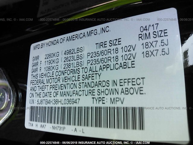 5J8TB4H38HL036947 - 2017 ACURA RDX BLACK photo 9