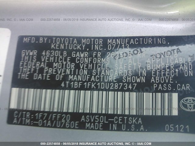 4T1BF1FK1DU287347 - 2013 TOYOTA CAMRY L/SE/LE/XLE 银色 照片 9