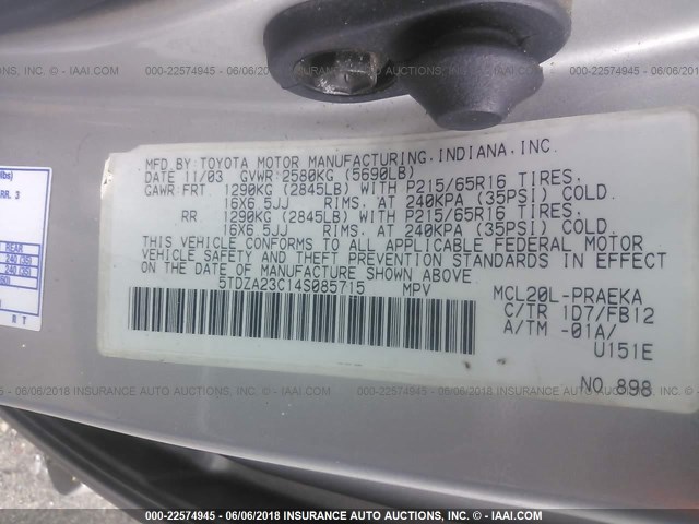 5TDZA23C14S085715 - 2004 TOYOTA SIENNA CE/LE SILVER photo 9