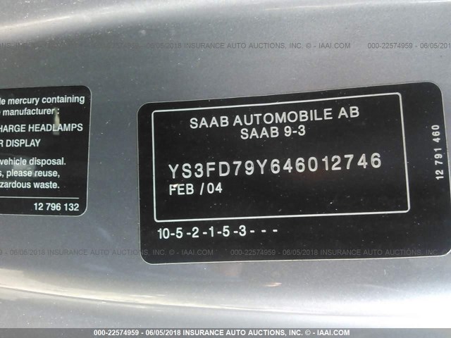 YS3FD79Y646012746 - 2004 SAAB 9-3 ARC GRAY photo 9