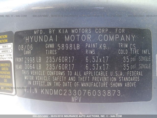 KNDMC233076033873 - 2007 HYUNDAI ENTOURAGE GLS/SE/LIMITED BLUE photo 9