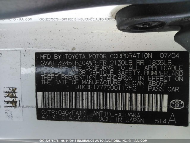 JTKDE177750011752 - 2005 TOYOTA SCION TC 白色 照片 9