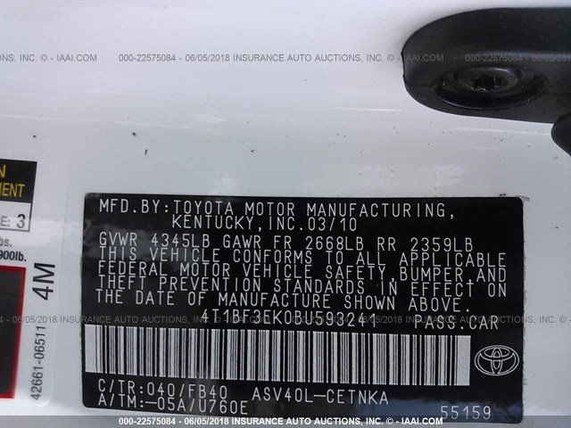 4T1BF3EK0BU593241 - 2011 TOYOTA CAMRY SE/LE/XLE 白色 照片 9