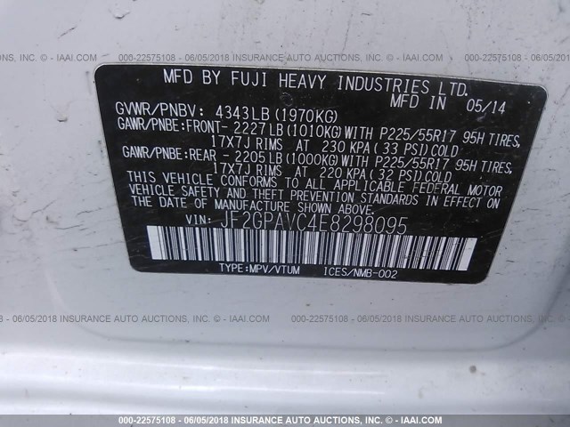 JF2GPAVC4E8298095 - 2014 SUBARU XV CROSSTREK 2.0 PREMIUM WHITE photo 9