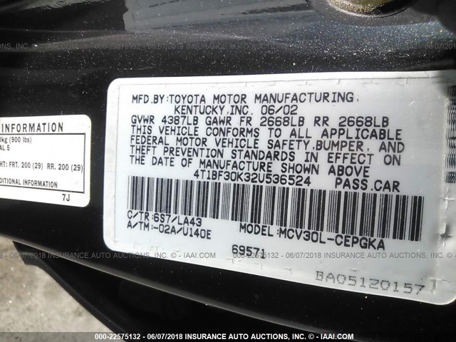 4T1BF30K32U536524 - 2002 TOYOTA CAMRY LE/XLE/SE მწვანე ფოტო 9