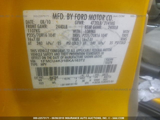 1FMCU4K31BKA16372 - 2011 FORD ESCAPE HYBRID YELLOW photo 9