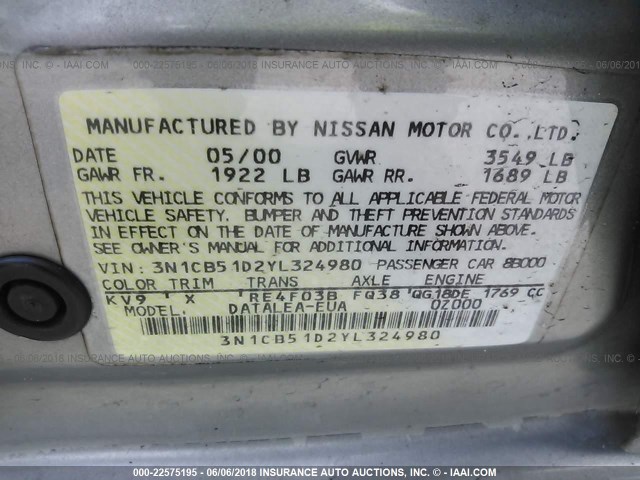 3N1CB51D2YL324980 - 2000 NISSAN SENTRA XE/GXE Champagne photo 9