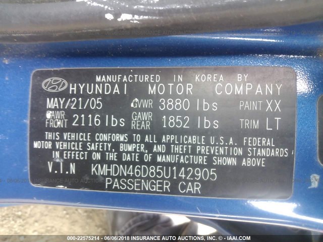 KMHDN46D85U142905 - 2005 HYUNDAI ELANTRA GLS/GT BLUE photo 9