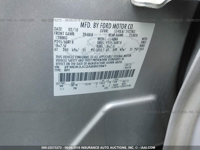 2FMDK3JC2ABB03941 - 2010 FORD EDGE SEL SILVER photo 9