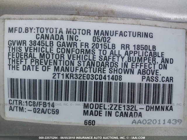 2T1KR32E03C041408 - 2003 TOYOTA COROLLA MATRIX XR SILVER photo 9