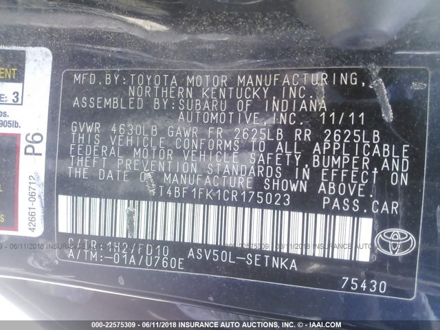 4T4BF1FK1CR175023 - 2012 TOYOTA CAMRY SE/LE/XLE Dark Blue photo 9