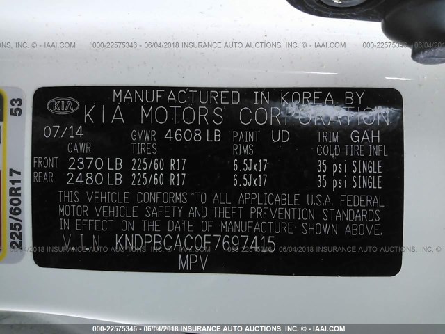 KNDPBCAC0F7697415 - 2015 KIA SPORTAGE LX WHITE photo 9