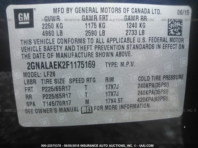 2GNALAEK2F1175169 - 2015 CHEVROLET EQUINOX LS BLUE photo 9