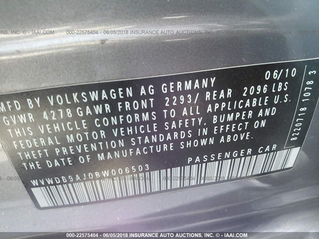 WVWDB9AJ0BW006503 - 2011 VOLKSWAGEN GOLF GRAY photo 9
