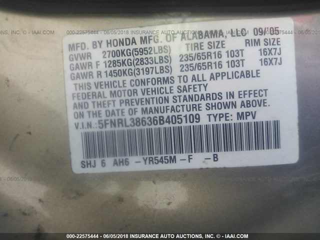 5FNRL38636B405109 - 2006 HONDA ODYSSEY EXL GOLD photo 9