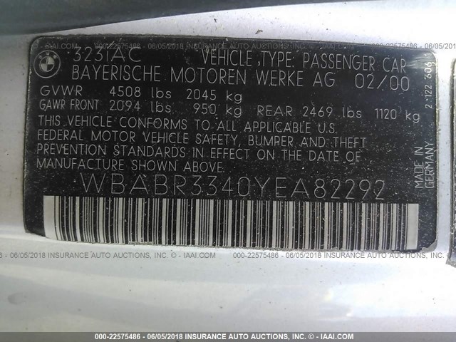 WBABR3340YEA82292 - 2000 BMW 323 CI SILVER photo 9