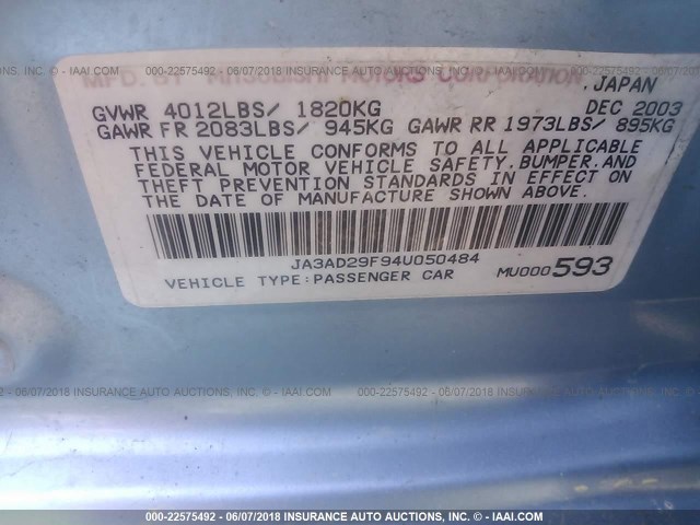 JA3AD29F94U050484 - 2004 MITSUBISHI LANCER LS Light Blue photo 9