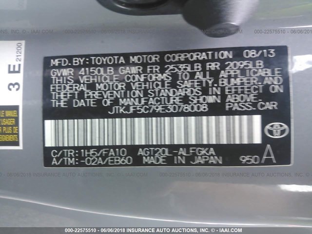 JTKJF5C79E3078008 - 2014 TOYOTA SCION TC 灰色 照片 9